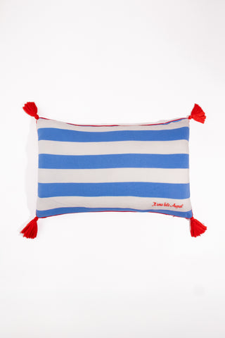 karavan clothing fashion spring summer 24 that moment homeware collection knitted pillow case blue red stripes