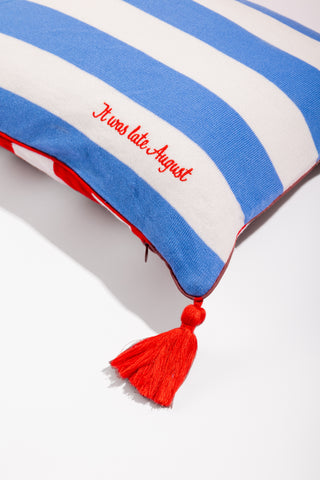 karavan clothing fashion spring summer 24 that moment homeware collection knitted pillow case blue red stripes