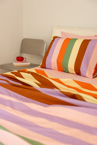 karavan clothing planet homeware collection fall winter 24 25 flat sheet brown lilac green stripes