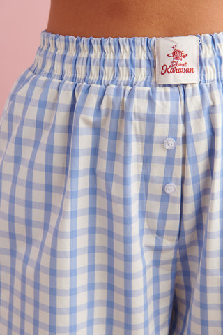 karavan clothing fashion spring summer 24 that moment homeware sleepware pyjamas shorts light blue check