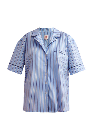 karavan clothing fashion spring summer 24 that moment homeware sleepware satin pyjamas top blue stripes